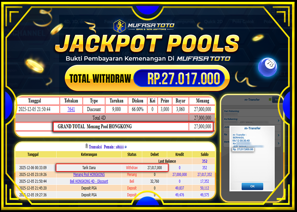 MUFASATOTO JACKPOT POOL HONGKONG Rp 27.017.000 | LUNAS